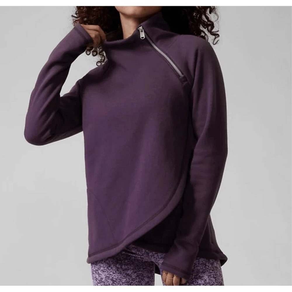 Athleta Womens Cozy Karma Asym Pullover‎ Sweater Size Small Purple Zipper Fleece